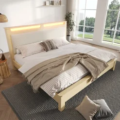 Lit avec Rangement 160x200 cm - Lit Double en Bois avec Velours Côtelé et LED - Sans Matelas - Chêne Clair et Beige