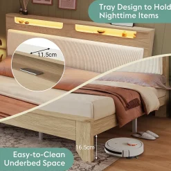 Lit avec Rangement 160x200 cm - Lit Double en Bois avec Velours Côtelé et LED - Sans Matelas - Chêne Clair et Beige