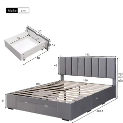 Lit avec rangement 160x200 cm - Lit Double Capitonné avec 4 Tiroirs - Velours - Sans Matelas - Gris