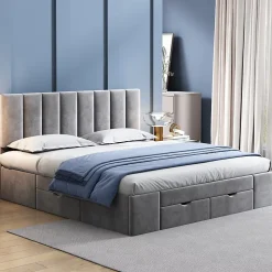 Lit avec rangement 160x200 cm - Lit Double Capitonné avec 4 Tiroirs - Velours - Sans Matelas - Gris