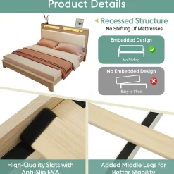 Lit avec Rangement 140x200 cm - Lit Double avec LED et Velours Côtelé, Sans Matelas - Beige et Chêne Clair