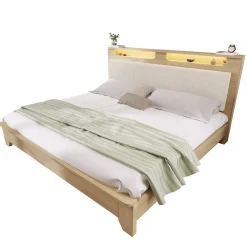 Lit avec Rangement 140x200 cm - Lit Double avec LED et Velours Côtelé, Sans Matelas - Beige et Chêne Clair