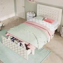 Lit avec rangement 90x200 cm - Lit simple avec tiroirs intégrés et design créatif - en MDF et bois massif - Blanc - Sans matelas