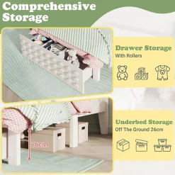 Lit avec rangement 90x200 cm - Lit simple avec tiroirs intégrés et design créatif - en MDF et bois massif - Blanc - Sans matelas