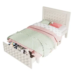 Lit avec rangement 90x200 cm - Lit simple avec tiroirs intégrés et design créatif - en MDF et bois massif - Blanc - Sans matelas