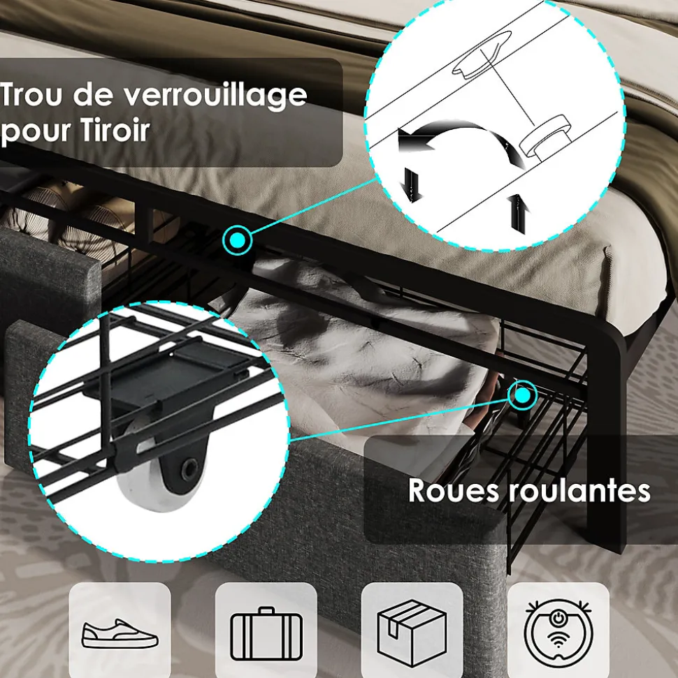 Lit avec rangement 160x200 cm - Lit double rembourré avec tiroirs et fonction de chargement USB - Lin - Sans Matelas - Gris