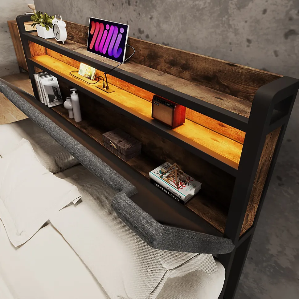 Lit avec rangement 160x200 cm - Lit double rembourré avec tiroirs et fonction de chargement USB - Lin - Sans Matelas - Gris