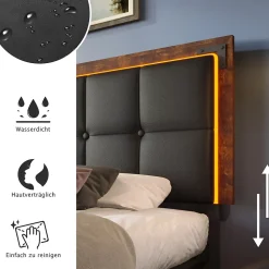 Lit avec Rangement 140x200 cm - Lit Double Capitonné avec 4 Tiroirs, Bandeau LED et Tête Réglable, Sans Matelas, PU, Noir