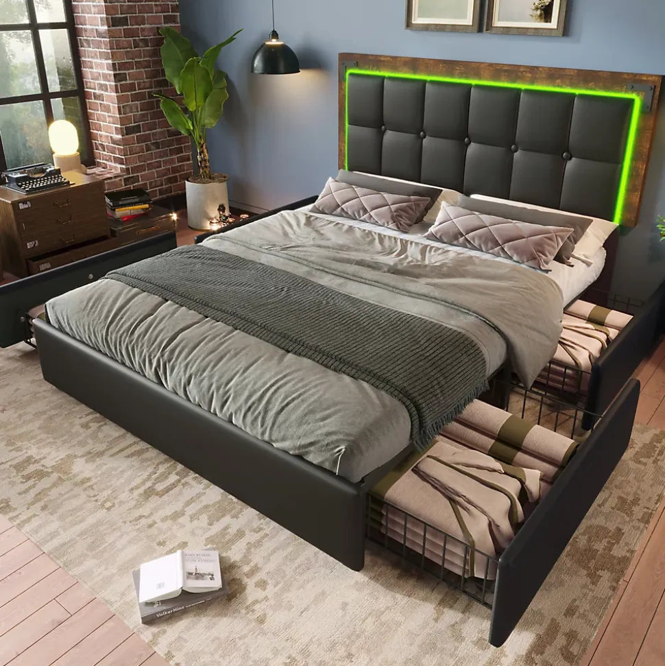 Lit avec Rangement 140x200 cm - Lit Double Capitonné avec 4 Tiroirs, Bandeau LED et Tête Réglable, Sans Matelas, PU, Noir