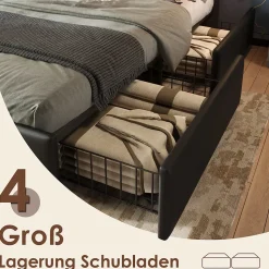 Lit avec Rangement 140x200 cm - Lit Double Capitonné avec 4 Tiroirs, Bandeau LED et Tête Réglable, Sans Matelas, PU, Noir