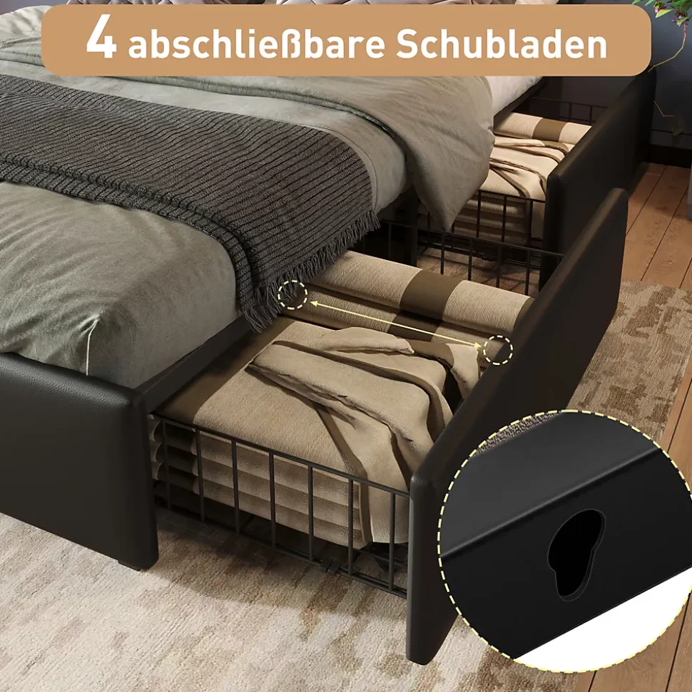 Lit avec Rangement 140x200 cm - Lit Double Capitonné avec 4 Tiroirs, Bandeau LED et Tête Réglable, Sans Matelas, PU, Noir