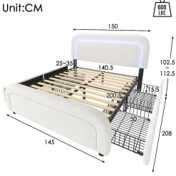 Lit avec rangement 140x200 cm - Lit double rembourré avec 4 tiroirs et fonction de chargement USB - Sherpa - Sans Matelas - Blanc