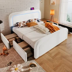 Lit avec rangement 140x200 cm - Lit double rembourré avec 4 tiroirs et fonction de chargement USB - Sherpa - Sans Matelas - Blanc