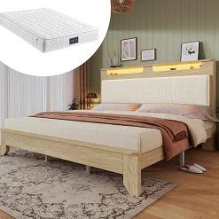 Lit avec Rangement 160x200 cm - Lit Double avec Matelas Inclus, LED et Tête de Lit Corduroy, Chêne Clair et Beige