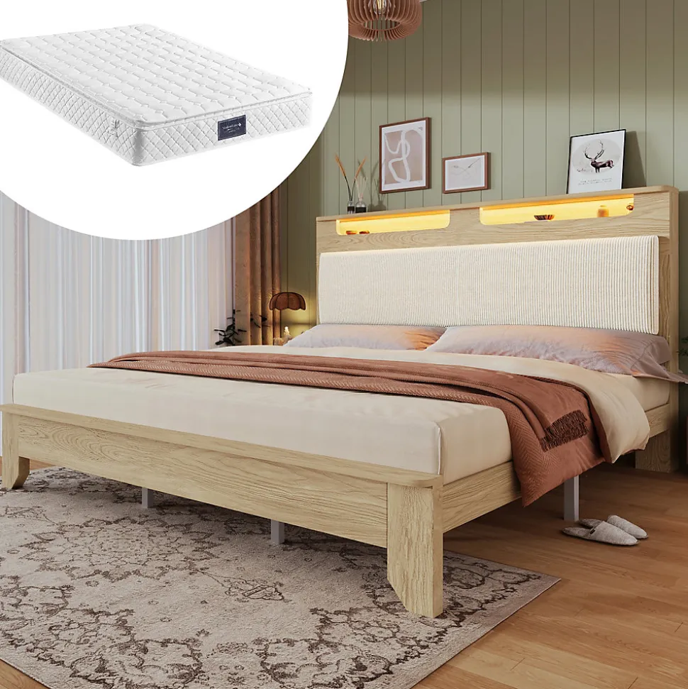 Lit avec Rangement 160x200 cm - Lit Double avec Matelas Inclus, LED et Tête de Lit Corduroy, Chêne Clair et Beige