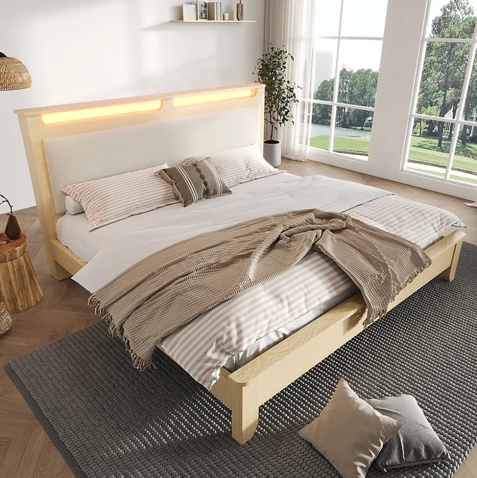 Lit avec Rangement 160x200 cm - Lit Double avec Matelas Inclus, LED et Tête de Lit Corduroy, Chêne Clair et Beige