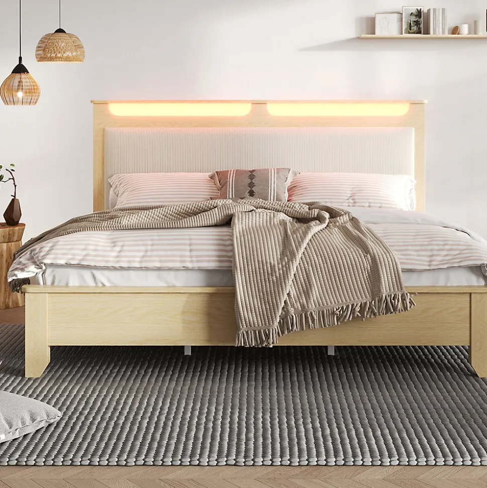 Lit avec Rangement 160x200 cm - Lit Double avec Matelas Inclus, LED et Tête de Lit Corduroy, Chêne Clair et Beige