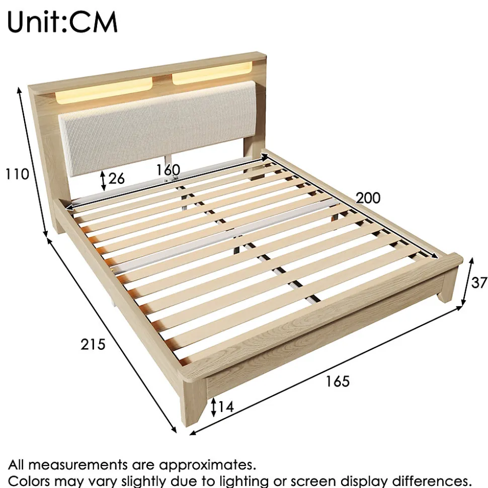 Lit avec Rangement 160x200 cm - Lit Double avec Matelas Inclus, LED et Tête de Lit Corduroy, Chêne Clair et Beige