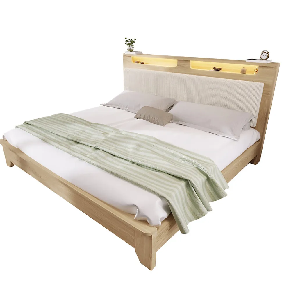 Lit avec Rangement 160x200 cm - Lit Double avec Matelas Inclus, LED et Tête de Lit Corduroy, Chêne Clair et Beige