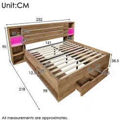 Lit avec rangement 160x200 cm - Lit double avec tête de lit LED et USB - Bois Massif - Sans Matelas - Chêne