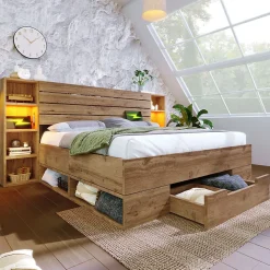 Lit avec rangement 160x200 cm - Lit double avec tête de lit LED et USB - Bois Massif - Sans Matelas - Chêne