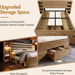 Lit avec rangement 160x200 cm - Lit double avec tête de lit LED et USB - Bois Massif - Sans Matelas - Chêne