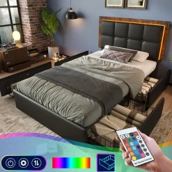 Lit avec Rangement 90x200 cm - Lit Simple Capitonné avec 4 Tiroirs, Bandeau LED et Tête Réglable, Sans Matelas, PU, Noir