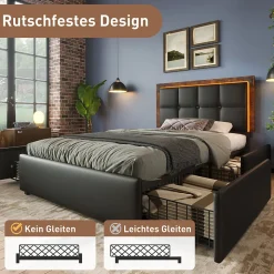 Lit avec Rangement 90x200 cm - Lit Simple Capitonné avec 4 Tiroirs, Bandeau LED et Tête Réglable, Sans Matelas, PU, Noir