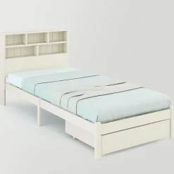 Lit avec rangement 90x200 cm - Lit simple avec tiroirs et tête de lit - Pin massif + MDF - Sans Matelas - Blanc