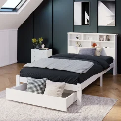 Lit avec rangement 90x200 cm - Lit simple avec tiroirs et tête de lit - Pin massif + MDF - Sans Matelas - Blanc