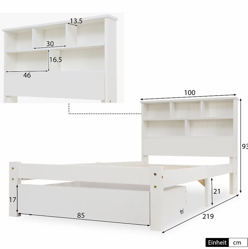 Lit avec rangement 90x200 cm - Lit simple avec tiroirs et tête de lit - Pin massif + MDF - Sans Matelas - Blanc