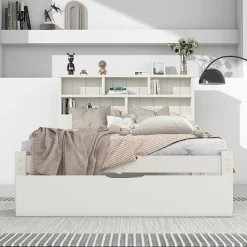 Lit avec rangement 90x200 cm - Lit simple avec tiroirs et tête de lit - Pin massif + MDF - Sans Matelas - Blanc