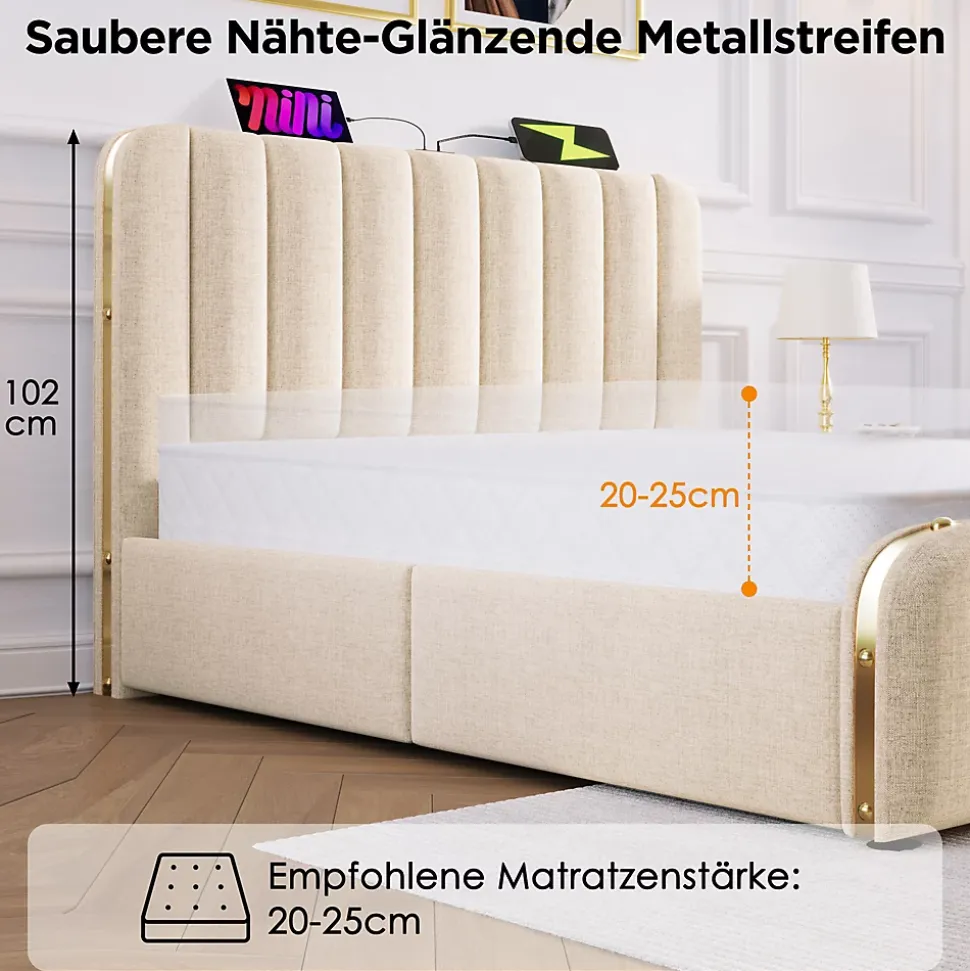 Lit avec rangement 140x200 cm - Lit double rembourré avec fonction USB Type-C et 4 tiroirs - Lin - Sans Matelas - Beige