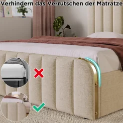 Lit avec rangement 140x200 cm - Lit double rembourré avec fonction USB Type-C et 4 tiroirs - Lin - Sans Matelas - Beige