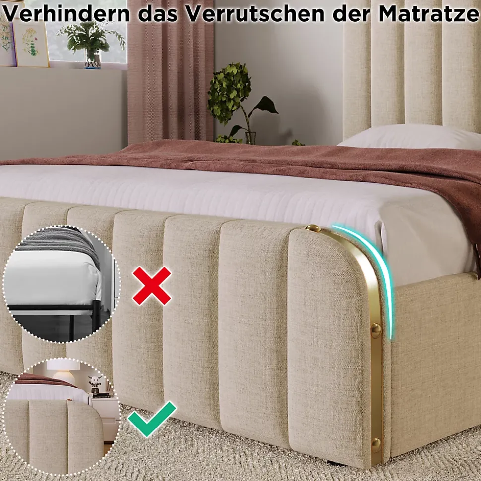 Lit avec rangement 140x200 cm - Lit double rembourré avec fonction USB Type-C et 4 tiroirs - Lin - Sans Matelas - Beige