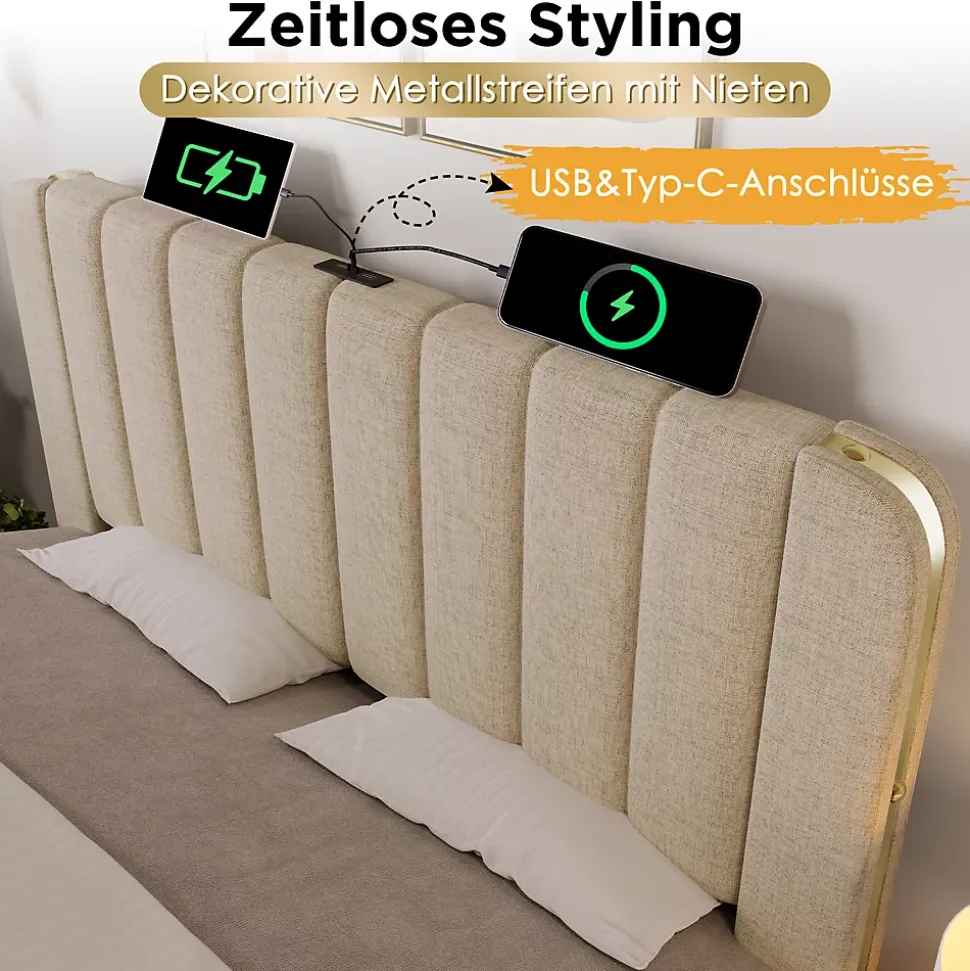 Lit avec rangement 140x200 cm - Lit double rembourré avec fonction USB Type-C et 4 tiroirs - Lin - Sans Matelas - Beige