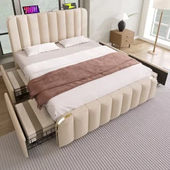Lit avec rangement 140x200 cm - Lit double rembourré avec fonction USB Type-C et 4 tiroirs - Lin - Sans Matelas - Beige