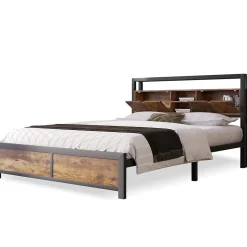 Lit avec rangement 140x200 cm - Lit double métal avec tête de lit et sommier à lattes - Métal - Sans Matelas - Noir