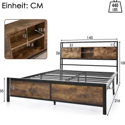 Lit avec rangement 140x200 cm - Lit double métal avec tête de lit et sommier à lattes - Métal - Sans Matelas - Noir