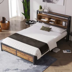 Lit avec rangement 140x200 cm - Lit double métal avec tête de lit et sommier à lattes - Métal - Sans Matelas - Noir