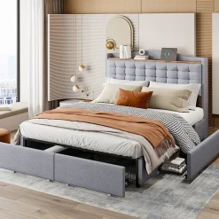 Lit avec Rangement 140x200 cm - Lit Double avec Port USB, Table de Chevet avec 4 Tiroirs, Sans Matelas, Lin, Gris Clair