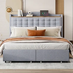 Lit avec Rangement 140x200 cm - Lit Double avec Port USB, Table de Chevet avec 4 Tiroirs, Sans Matelas, Lin, Gris Clair
