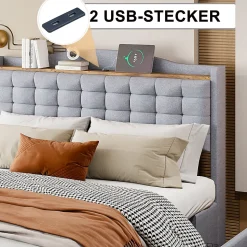 Lit avec Rangement 140x200 cm - Lit Double avec Port USB, Table de Chevet avec 4 Tiroirs, Sans Matelas, Lin, Gris Clair