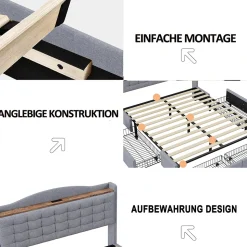 Lit avec Rangement 140x200 cm - Lit Double avec Port USB, Table de Chevet avec 4 Tiroirs, Sans Matelas, Lin, Gris Clair