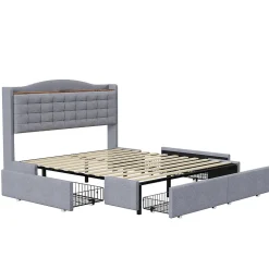 Lit avec Rangement 140x200 cm - Lit Double avec Port USB, Table de Chevet avec 4 Tiroirs, Sans Matelas, Lin, Gris Clair