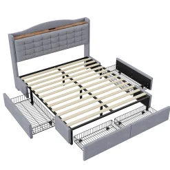 Lit avec Rangement 140x200 cm - Lit Double avec Port USB, Table de Chevet avec 4 Tiroirs, Sans Matelas, Lin, Gris Clair