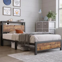 Lit avec rangement 90x200 cm - Lit Simple Cadre de Lit en Métal - avec Sommier à Lattes - Métal - Sans Matelas - Noir