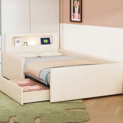 Lit avec rangement 90x200 cm - Lit enfant capitonné avec veilleuse et port USB - Similicuir + Métal - Sans matelas - Beige