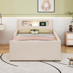 Lit avec rangement 90x200 cm - Lit enfant capitonné avec veilleuse et port USB - Similicuir + Métal - Sans matelas - Beige