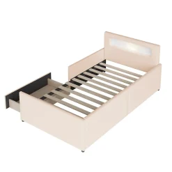 Lit avec rangement 90x200 cm - Lit enfant capitonné avec veilleuse et port USB - Similicuir + Métal - Sans matelas - Beige